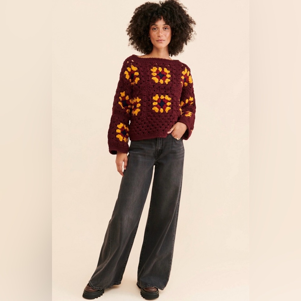 Granny Square Crochet Sweater Burgundy Chunky Knit Boho Retro